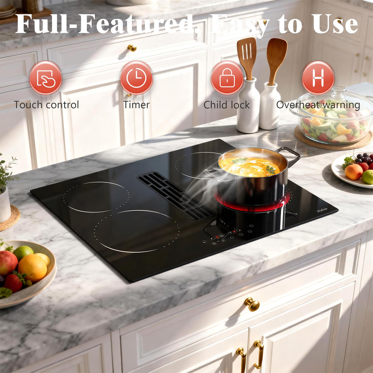 Hobsir Ceramic Hob with Knobs, Built-in Electric Cooker Hob 4 Burners 60 cm