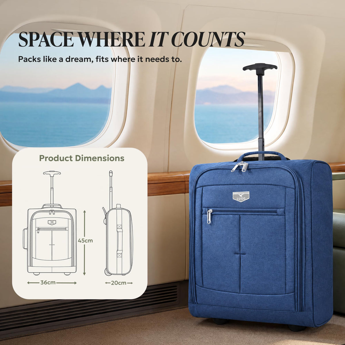 LUGG Lightweight Cabin Luggage, 600D Polyester, Solid Wheels, 45x36x20cm
