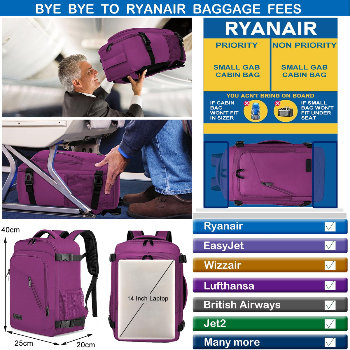 Ryanair Cabin Bags 40x30x20 Underseat 24L Small Travel Backpack Cabin Size