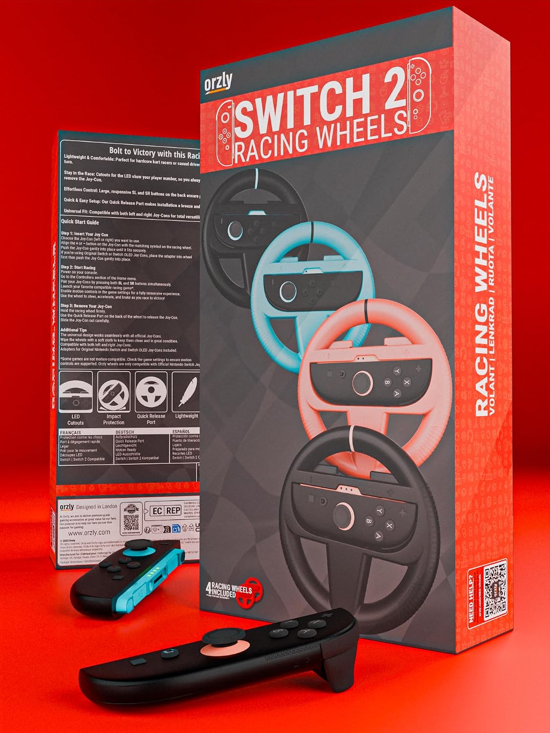 Orzly Racing Steering Wheels – Compatible with Switch 2 (2025 Console) – Party Pack of 4 Joy-Con Controller Attachments for Racing Games (2 Black, 1 Blue, 1 Red)
