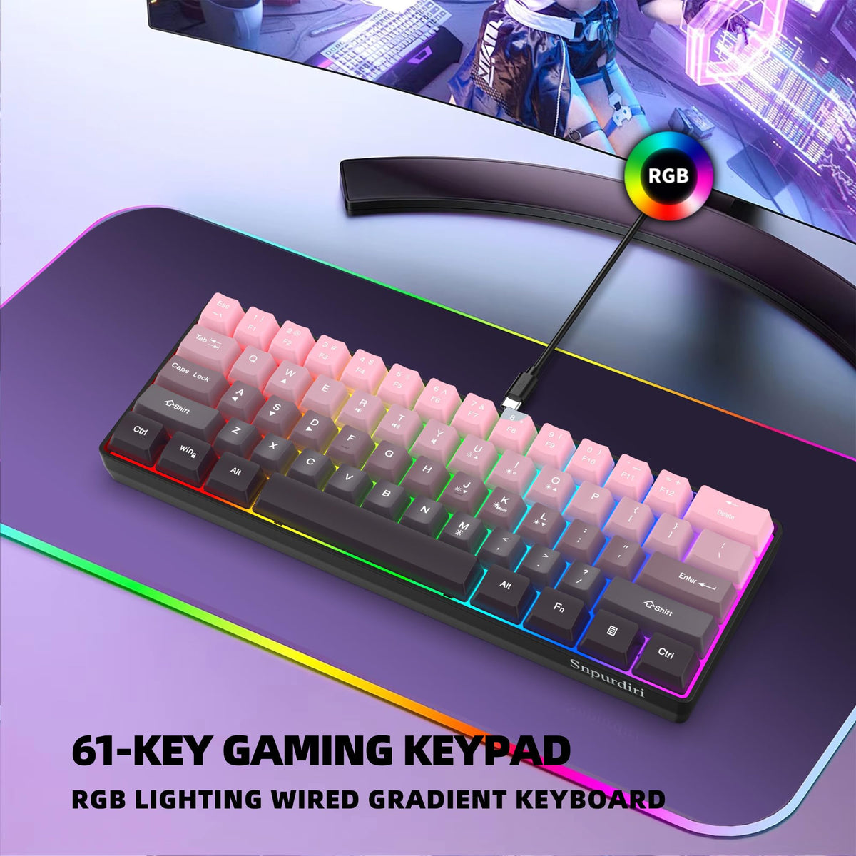 Snpurdiri Wired Mechanical Gaming Keyboard, 60% Size, LED Backlight, 61 Keys, Small Wired Office Keyboard for Windows Laptop/PC, Mac (Black-Red, Blue Switches)