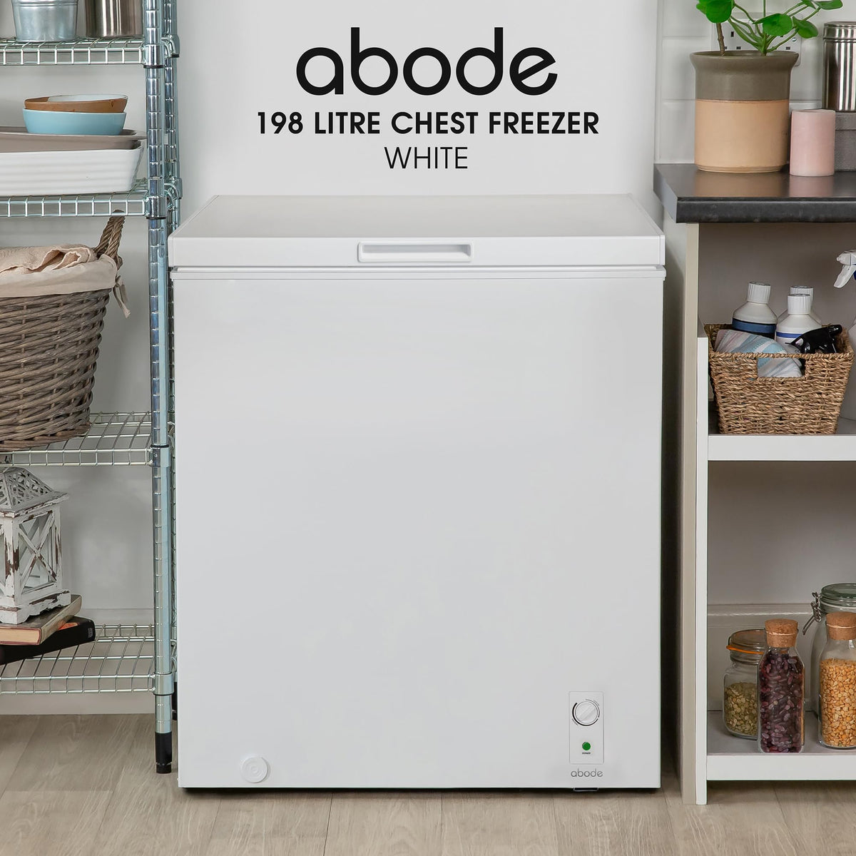 Abode Freestanding White Chest Freezer 99L with Removable Wire Basket & Counter Balance Lid, Adjustable Thermostat, 4 Star Freezer, Suitable for Garages & Outbuildings A99CF0E1W
