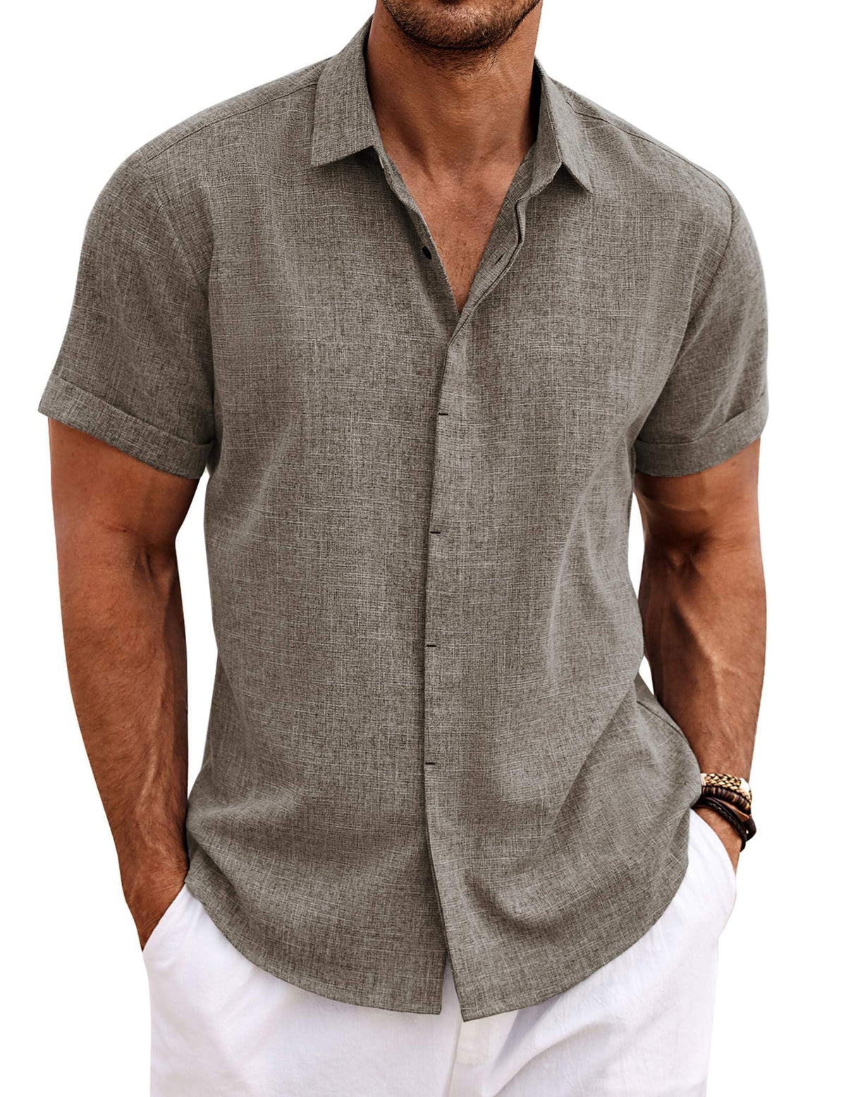 COOFANDY Mens Linen Shirts Short Sleeved Summer Regular Fit Button Down Hawaiian Holiday Tops