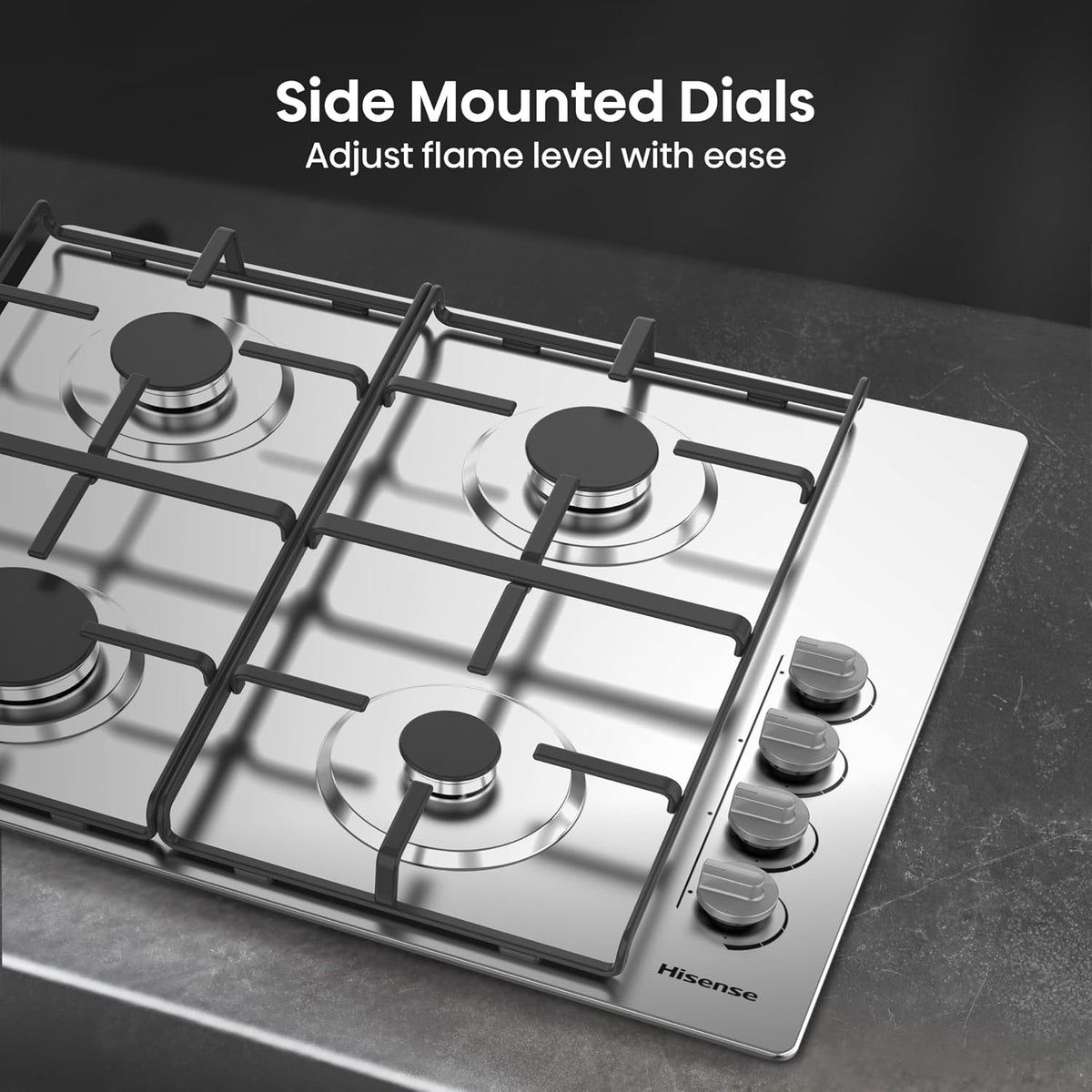 Hisense GM642XHS Built-in 60cm Gas Hob - Stainless Steel with 4 Cooking Areas, Easy Clean Surface, One -Hand Ignition, 60 x 52 x 8.9 cm (L x W x H)
