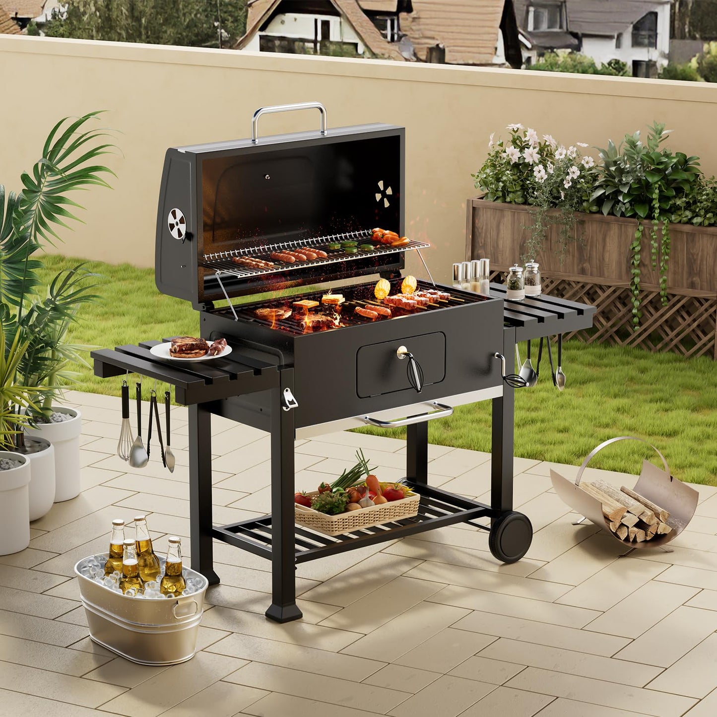 XXXL Smoker Charcoal BBQ, Portable Barbecue Grill with Wheel & 2 Folding Table, Thermometer & Adjustable Charcoal Pan, Large Outdoor BBQ Grill Smoker for Patio Home Garden Cooking