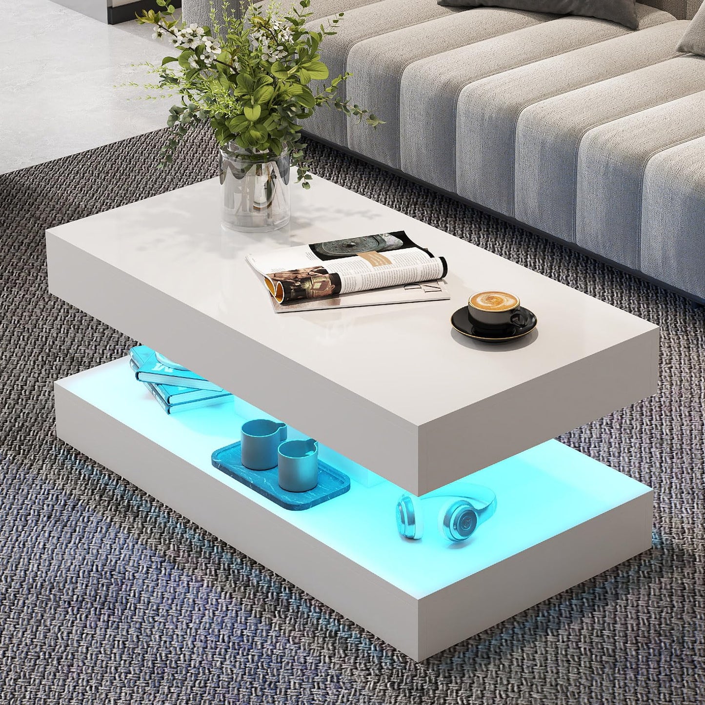 COSVALVE White Marble Coffee Table for Living Room with 24 Colors LED Light, 2 Tier High Gloss Modern Centre Table Rectangle Tea Table for Home, Office Furniture
