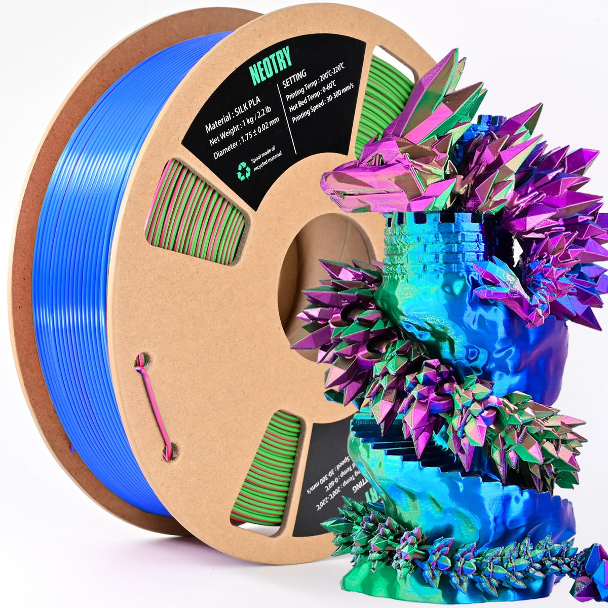 Silk Tri Colour PLA Filament 1.75mm 1kg, Multicolor 3D Printer Filament, Filament 3D Printing Materials for Most FDM 3D Printer, Silk PLA Red Yellow Blue, Rainbow PLA Filament 1.75mm ± 0.02