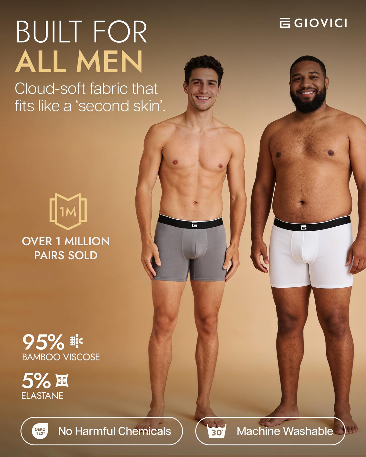 Giovici Mens Boxers Bamboo Anti Chafing Soft Comfortable Boxer Briefs Longer Leg - Boxer Shorts Multipack - Moisture Wicking Technology