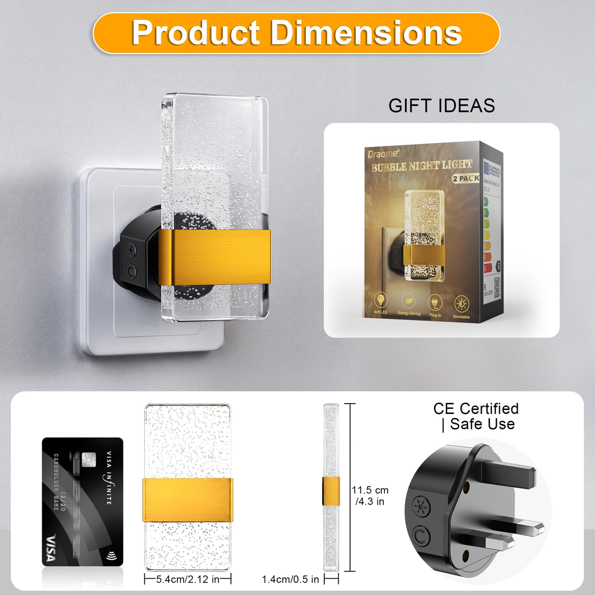 Night Light Plug in Wall with Dusk to Dawn Sensor Modern 2 Pack Gold