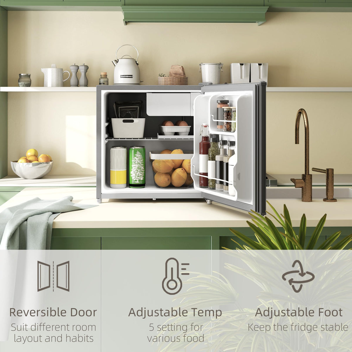 HOMCOM 46L Table Top Mini Fridge with Ice Box, Reversible Door, Cream