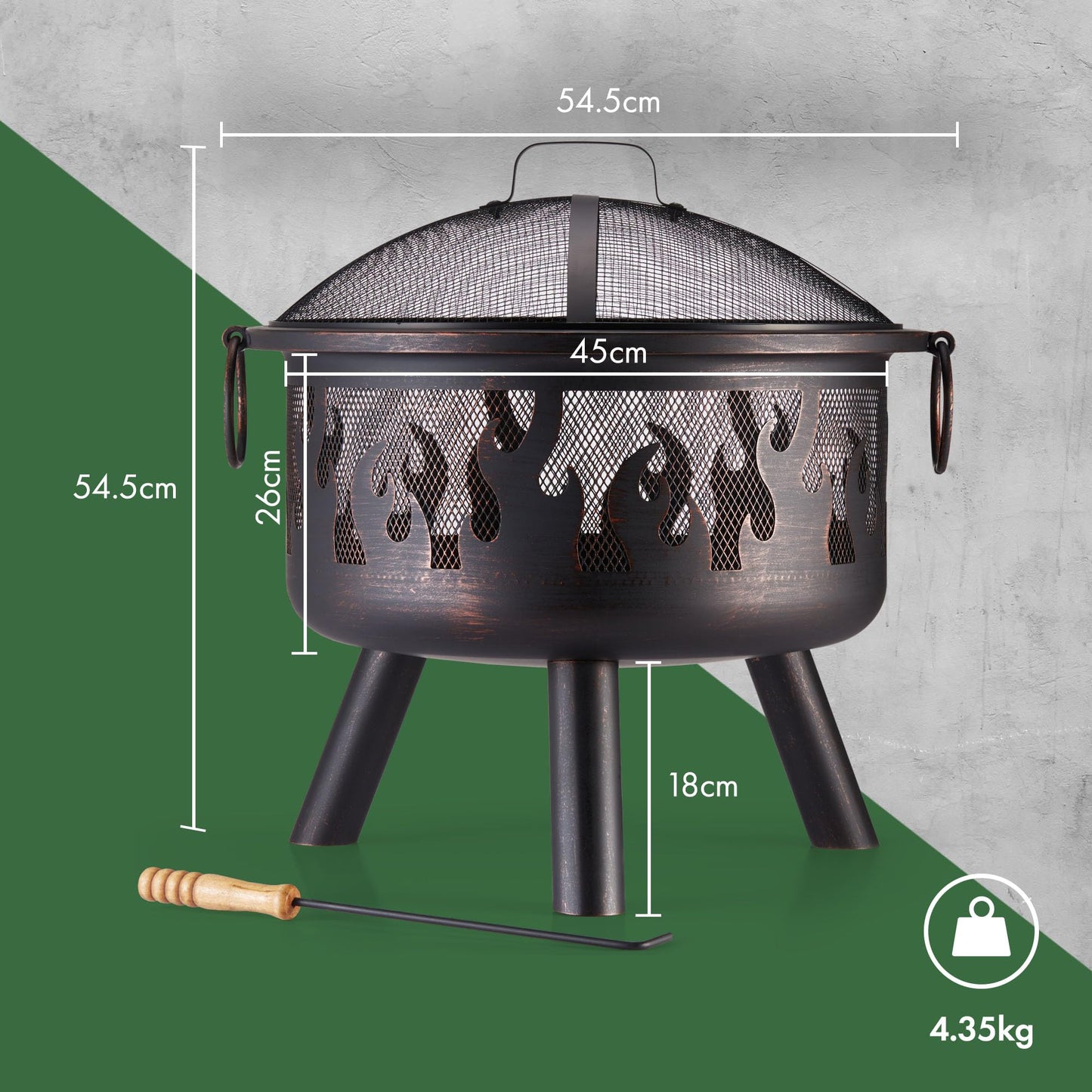 VonHaus Fire Pit – Firepit for Outdoor, Garden, Patio – Portable, Lightweight with Geometric Design, Brown Bronzed Steel, Fire Poker & Mesh Guard Included, Carry Handles – Use Wood or Charcoal to Fuel