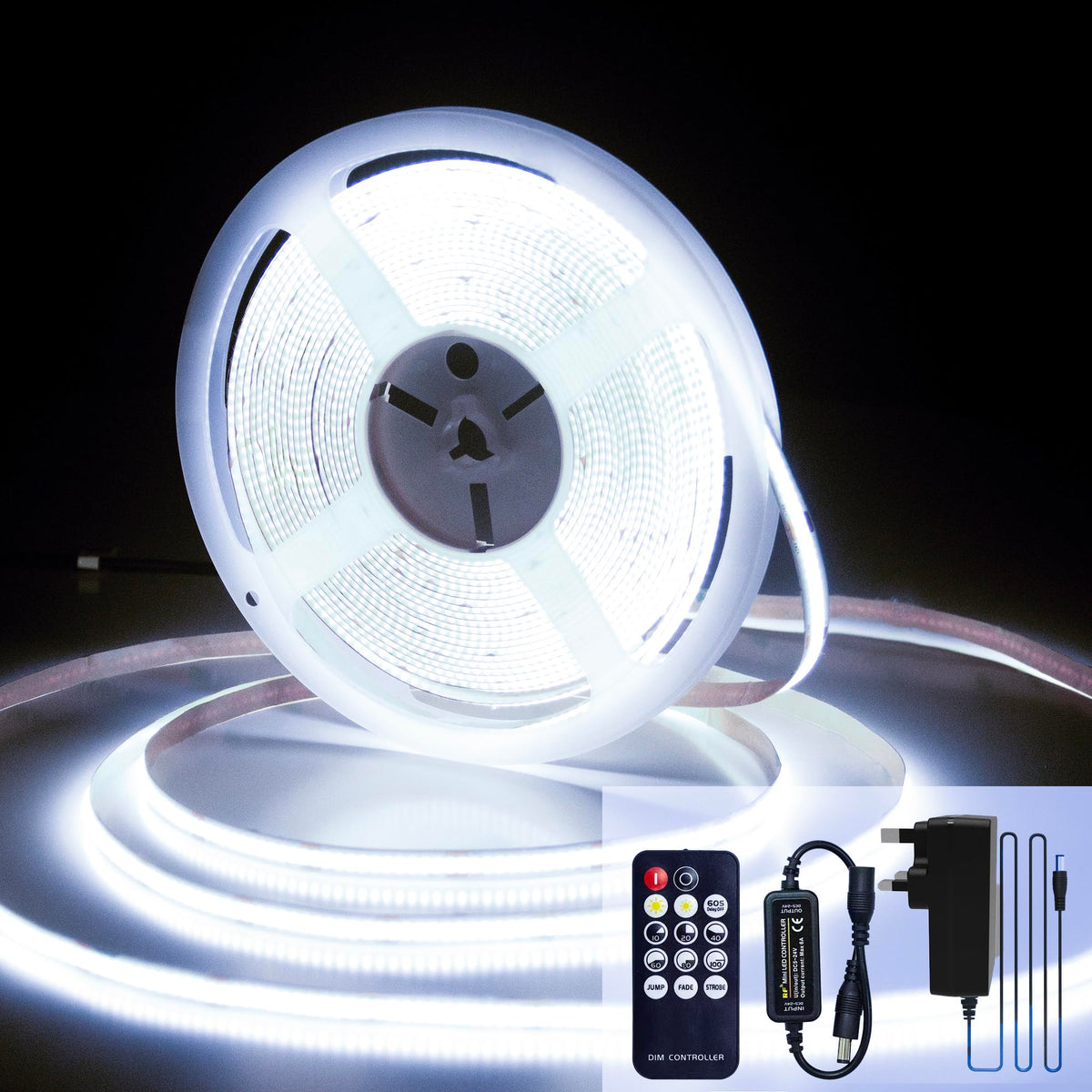 COB LED Strip 7.5m Warm White, 3000K, 24V, Remote Control, 8mm Wide