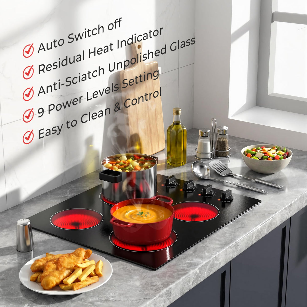 Karinear Electric Ceramic Hob 60cm 4 Zones with Built-in Extractor Hood