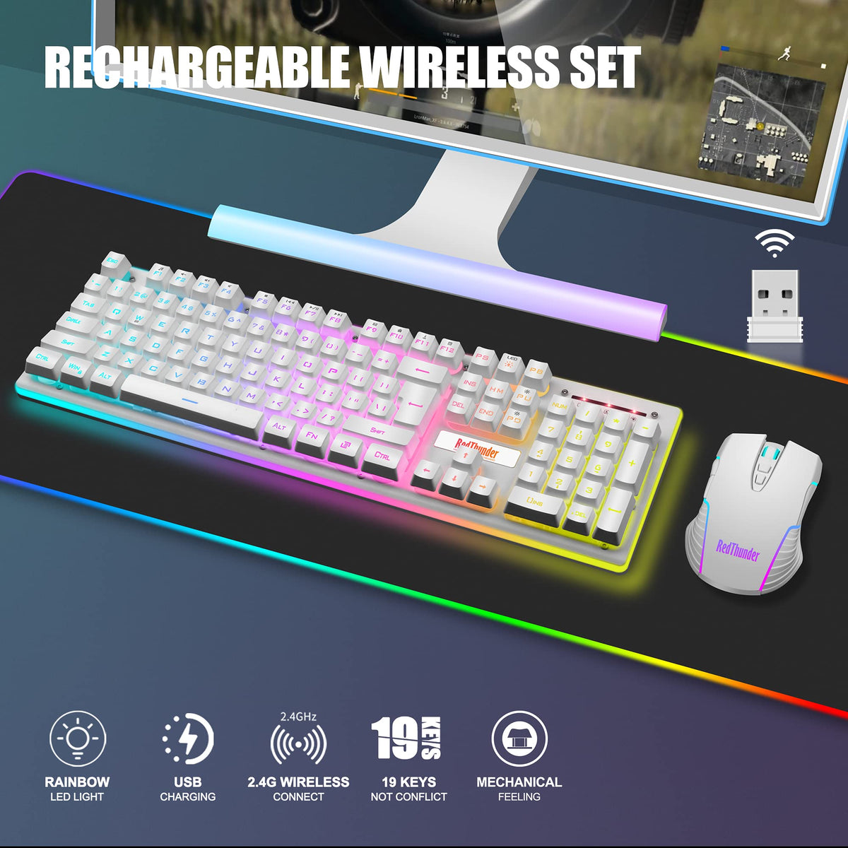 RedThunder K10 Wireless Gaming Keyboard and Mouse Combo, LED Backlit Rechargeable 3800mAh Battery, UK Layout Mechanical Feel Keyboard + 7D 3200DPI Mice for PC Gamer (Black)