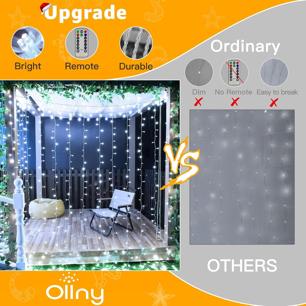Ollny Curtain Fairy Lights, 300LED 3mx3m Waterfall Hanging String Lights