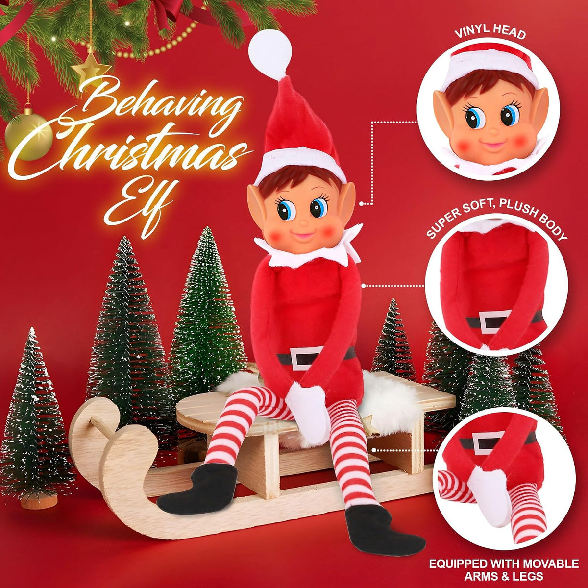 Elves Behavin' Badly Charming Red Long Leg Soft Body Vinylface Girl Elf with Hat - 30 cm (1 Pc.) - Premium Quality Plush Toy - Perfect For Holiday Decor & Gift-giving