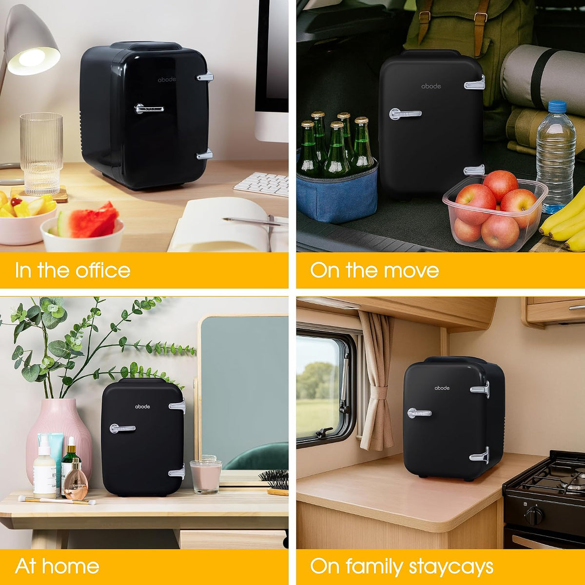 Abode Black Mini Fridge A4CLR201B 4L/6 Can Portable Thermoelectric Mini Cooler & Warmer for Drinks, Cosmetics/Makeup/Skincare, AC/DC Power, Retro Style, For Bedroom, Home, Caravan, Car