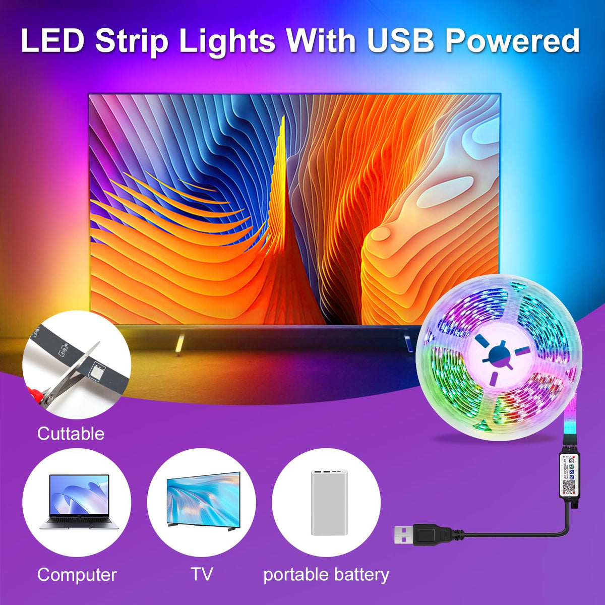 Led Strip Lights 1M/3.28ft, TV LED Backlight with Smart App Control Remote, 5050 RGB Music Sync Colour Changing, USB Smart LED Strip Light for TV,Computer, Monitor, Bedroom, Party and Home Decoration