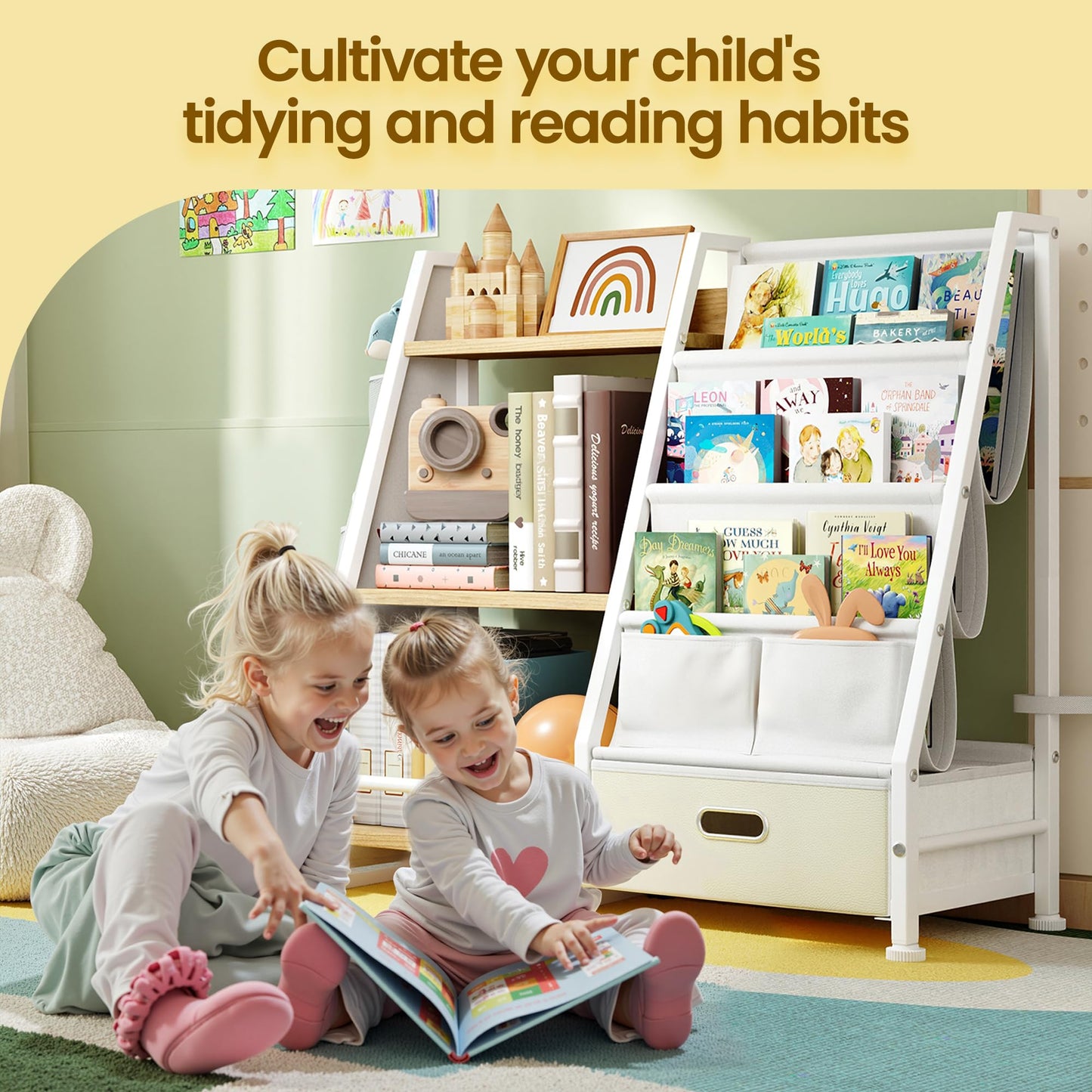 GoTiling Kids Bookshelf and Toy Storage Organizer: 3-Tier Sling Book Shelf with 3 Side Pockets for Kids Room - Toy Storage Organizer with 2 Fabric Drawers for Nursery, Bedroom, Playroom