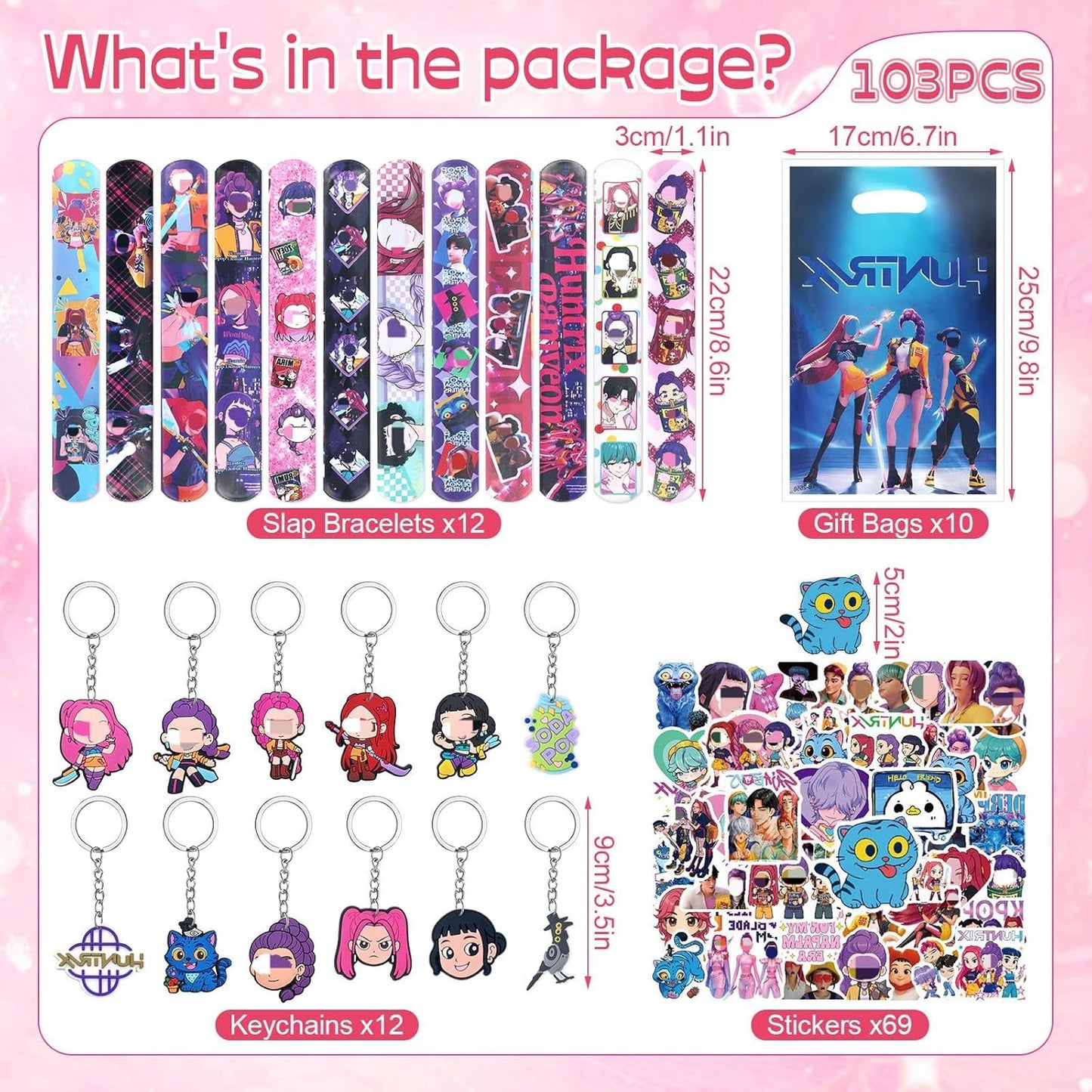 103PCS Kpop Party Bag Fillers, Demon Party Bags Favours Set with Keychains Slap Band Stickers Gift Bags, Birthday Party Supplies Decorations for Boys Girls Fans