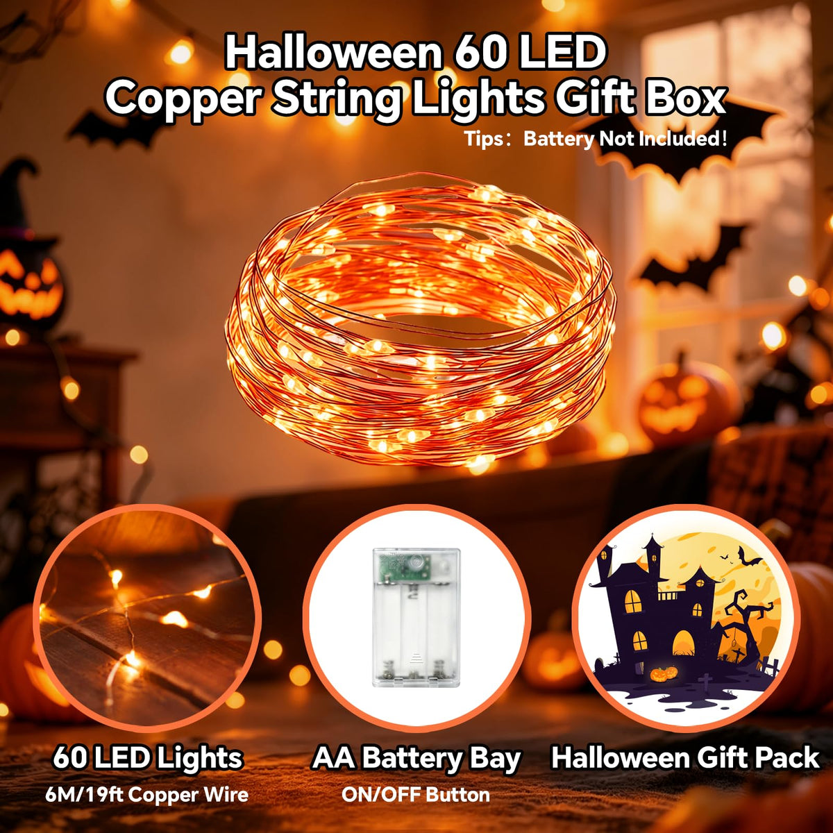 60LED 6m Fairy Lights Battery Operated, Battery Powered String Light Indoor