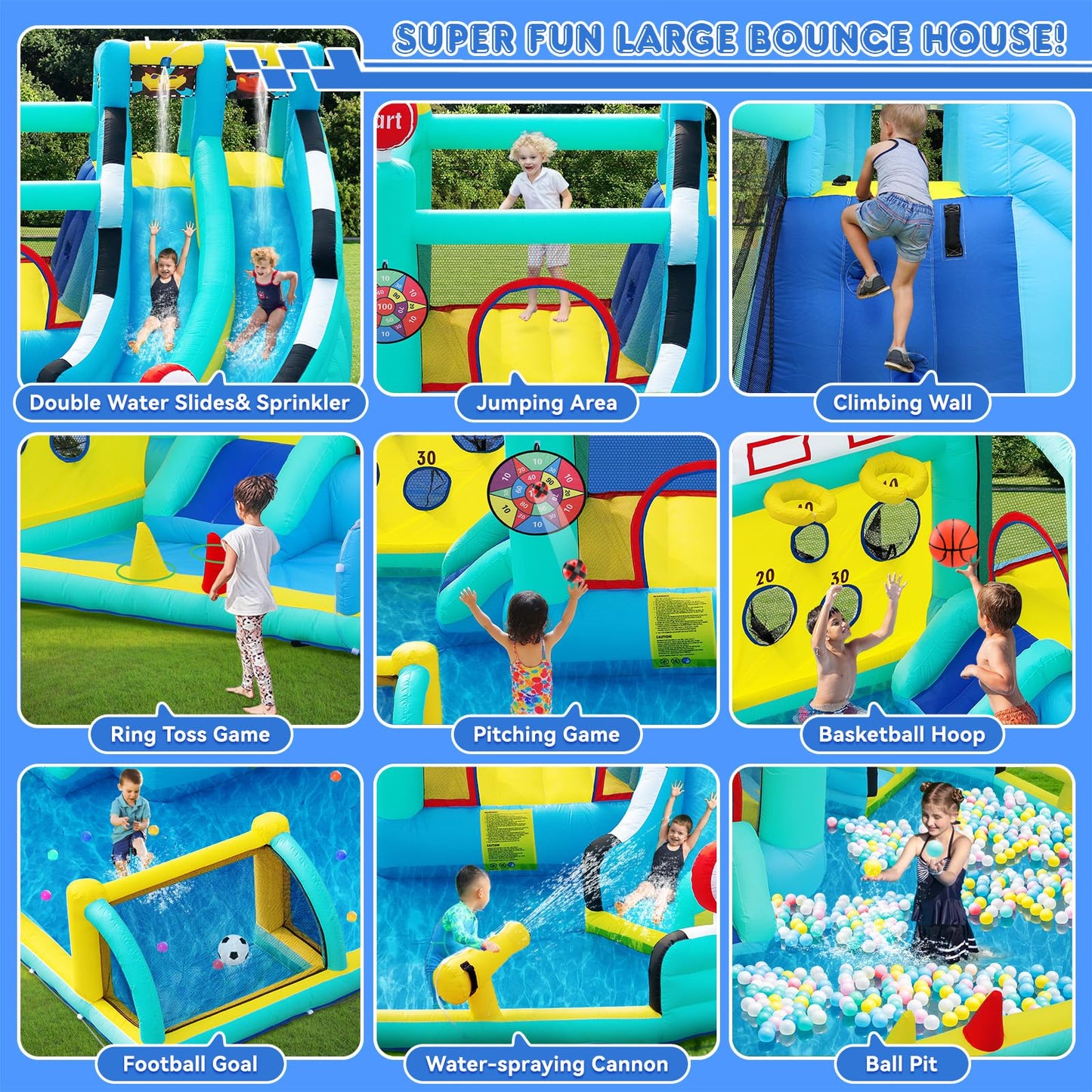 Inflatable Bouncy Castle with Slide Trampoline and Ball Pit, Bounce House Indoor Outdoor with Air Blower for Toddler Garden Park Backyard Party Wedding Birthday Gift, 470 x 400 x 220 cm