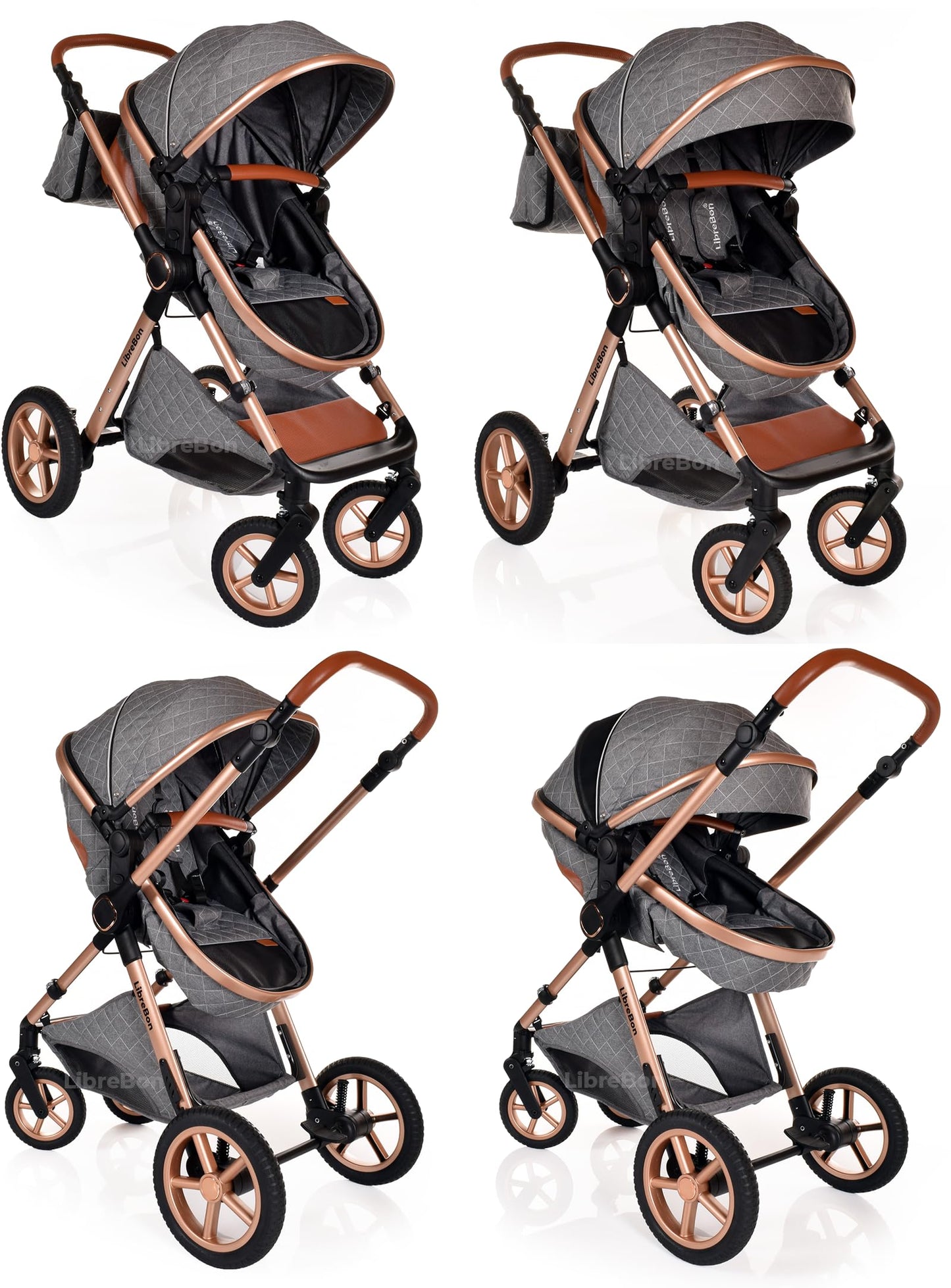 Baby Buggy Pram Pushchair Stroller 3 in 1 Child Lightweight Folding Stroller 3 in 1 Travel System Pram for Newborns & Toddlers from Birth Aluminum (Beige - Rose Gold Frame)