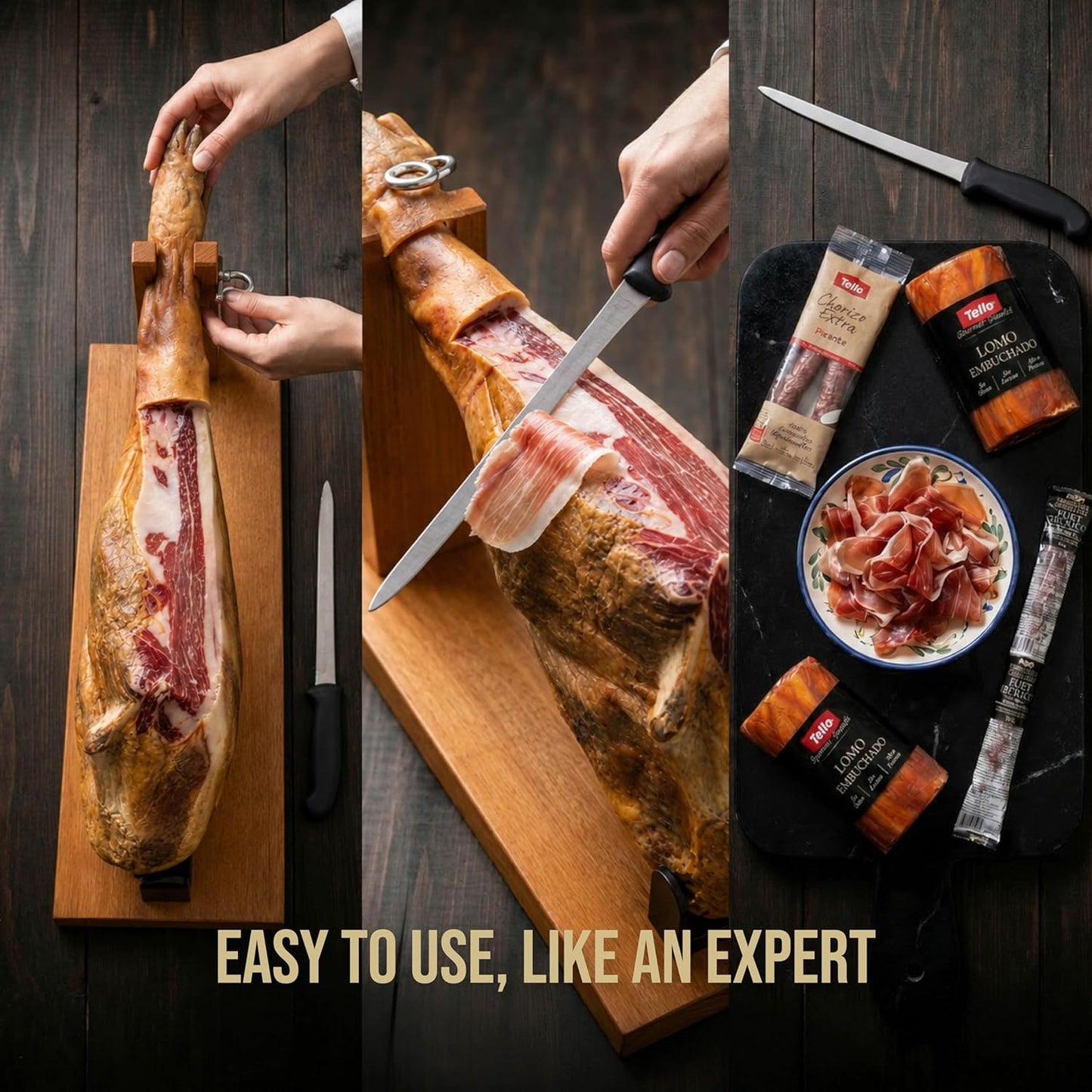 Montevalle Gran Reserva Serrano Ham Whole Leg | 7-8kg Slow Cured for 20 Months | Professional Set with Stand and Knife | Gourmet Gift Hamper Including Chorizo, Lomo, and Fuet for Spanish Tapas