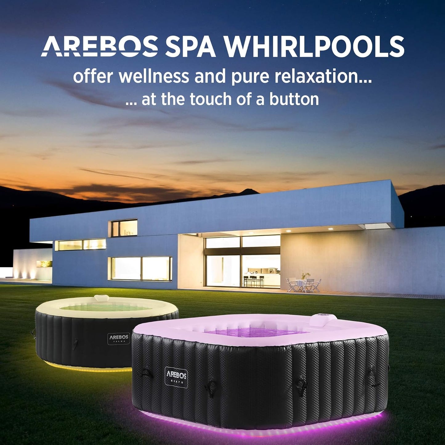 Arebos Inflatable Hot Tub | Indoor & Outdoor Spa Pool | 154 x 154 cm | with LED lighting | square |4 persons | 100 massage jets | with heating | 600 L | Incl. cover | Bubble Spa & Wellness Massage