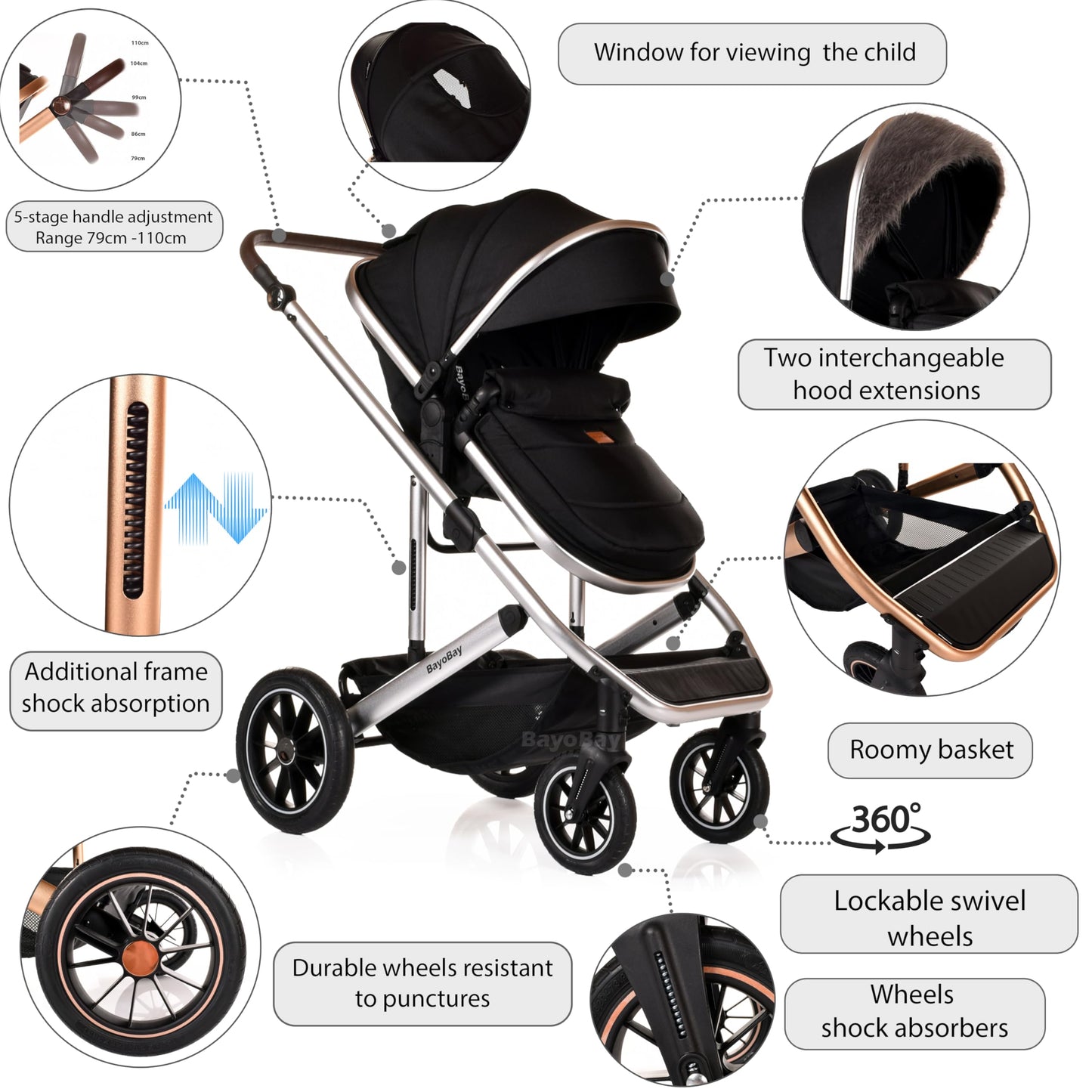 3 in 1 Baby Pram Travel System with Car Seat Lightweight Buggy Foldable Pushchair for Newborn and Toddlers up to 22kg NEW 2025 Style (Black - Gold)