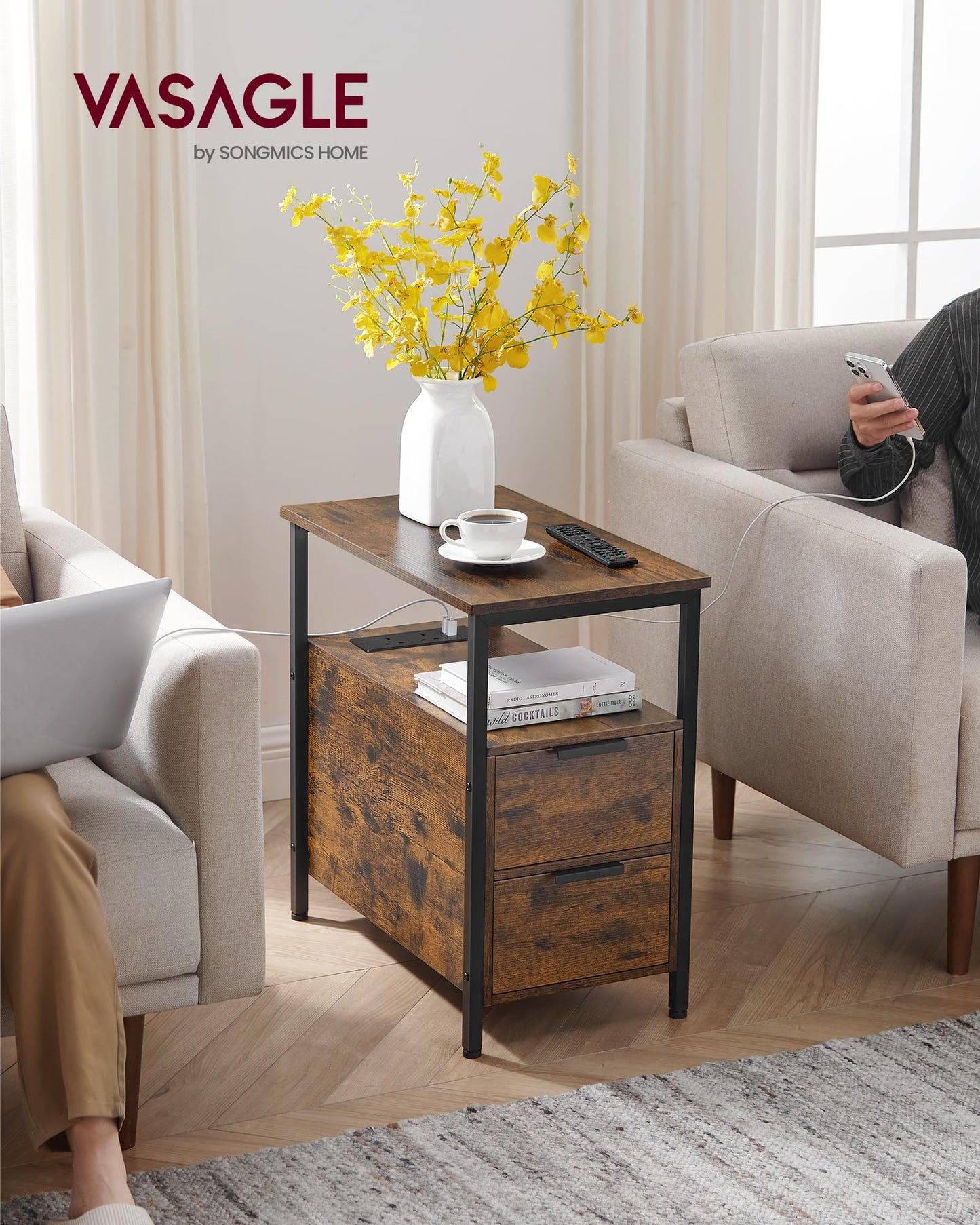 VASAGLE Slim Side Table with Charging Station, Narrow End Table with 2 Drawers, Bedside Table with Storage, for Living Room, Bedroom, Rustic Brown and Classic Black LET326B01