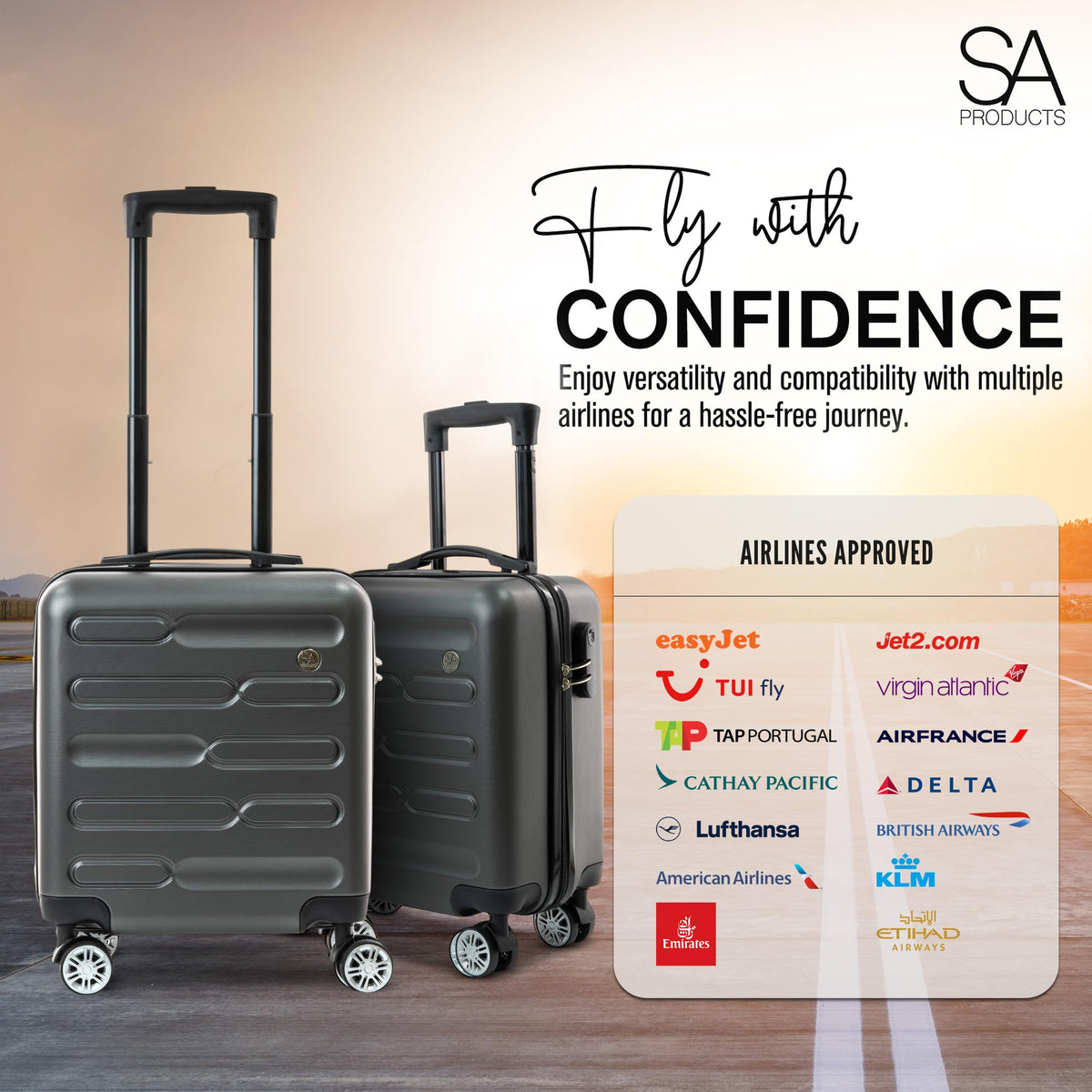 SA Products Cabin Suitcase - 34L Carry On Hard Shell Bag - 55x40x20 - Grey