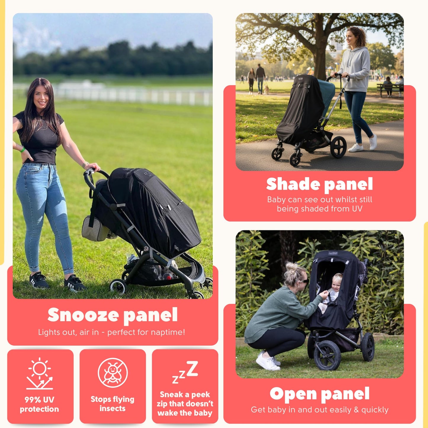 SnoozeShade Plus Extra Pram and Stroller Sun Shade Cover Blocks 99% UV UPF50+ Baby Sleep Aid and Breathable Blackout Canopy for Pushchairs Buggies and Travel Strollers