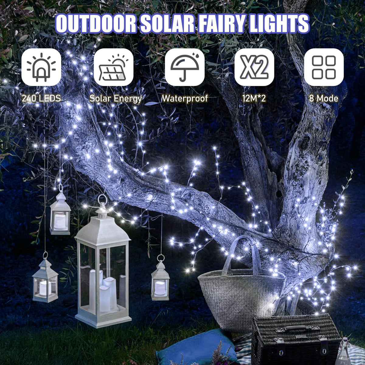 litogo 120 LED Solar String Lights Outdoor, 12M/40Ft 8 Modes Solars Garden Lights Waterproof Copper Wire Decorative Solar Fairy Lights for Patio, Gate, Yard, Trees, BBQ, Wedding, Party