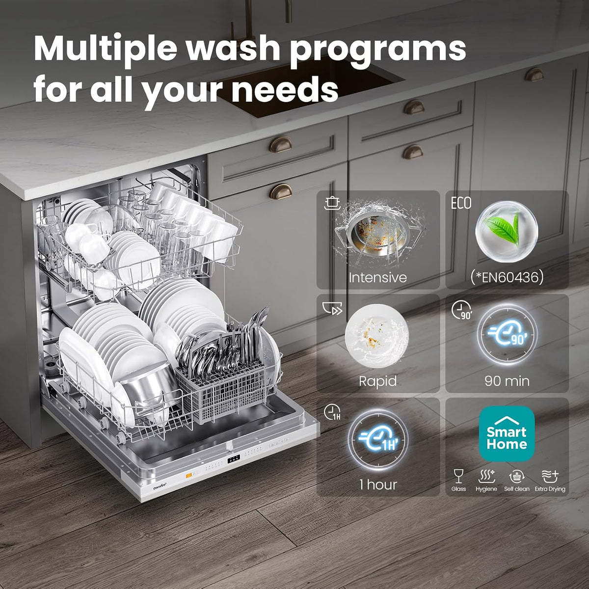 COMFEE' Fully Integrated Dishwasher, 12 Place Settings, 60cm