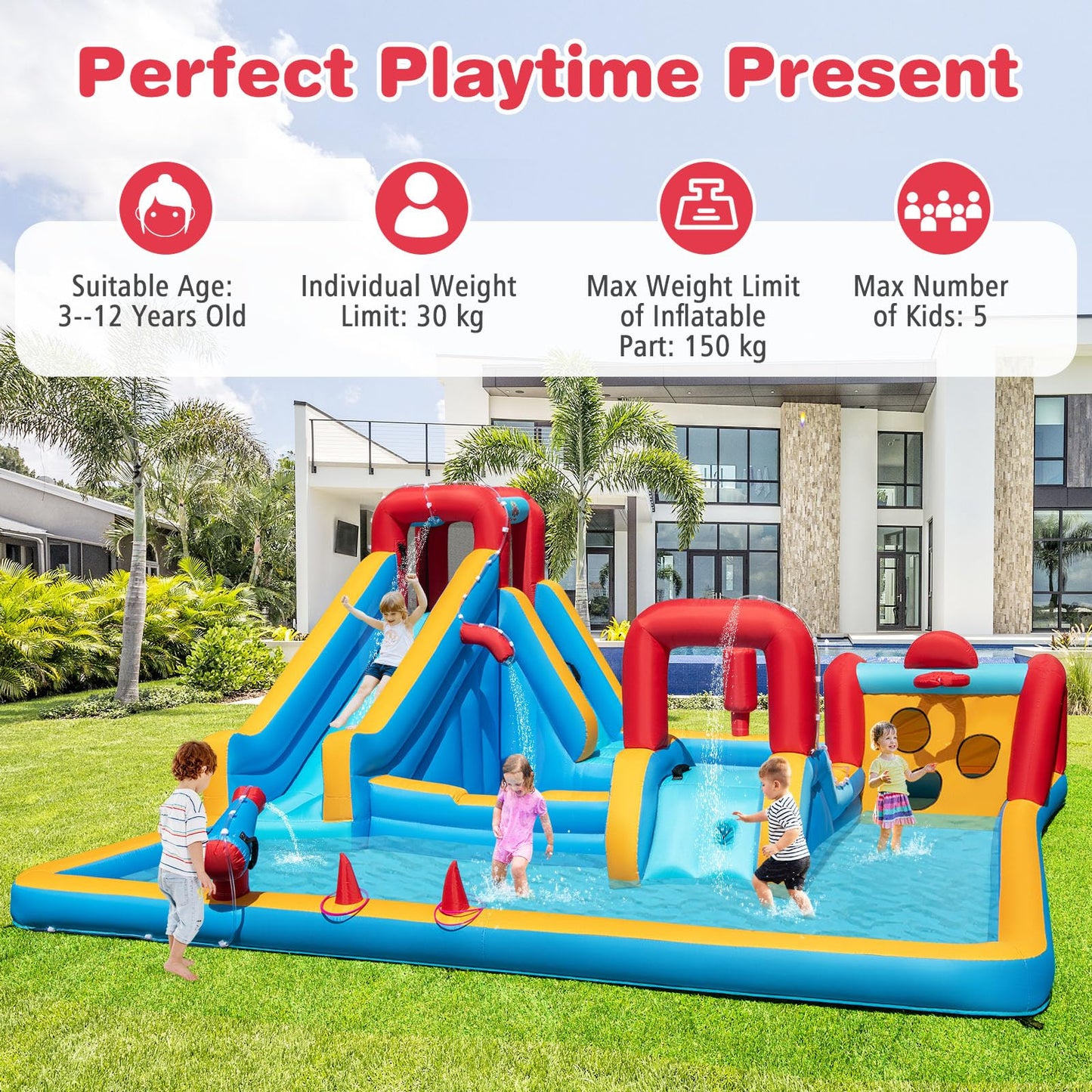 COSTWAY Inflatable Water Park, 9 in 1 Giant Kids Bouncy Castle with Double Slides, Climbing Wall, Splash Pools, Water Cannon, Outdoor Blow Up Bounce House for 3-12 Years Old (without blower)