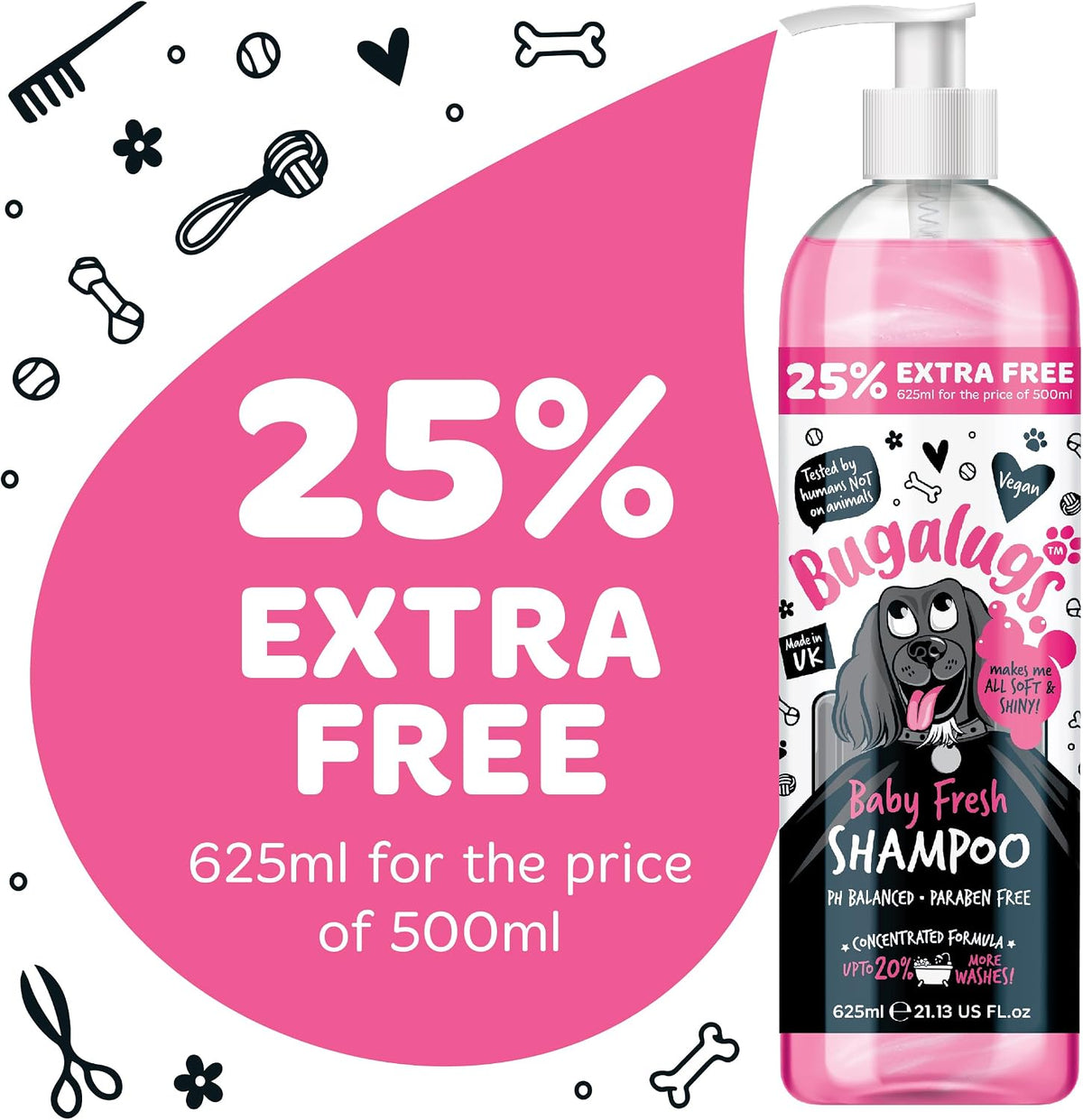 BUGALUGS Baby Fresh Dog Shampoo grooming products for smelly dogs with baby powder scent, best puppy shampoo, Vegan pet shampoo professional (625ml)
