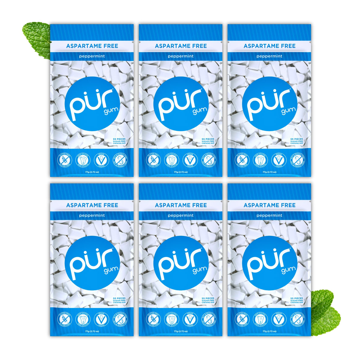 PUR Gum, Spearmint, Xylitol Gum, No Artificial flavour, 55 Count