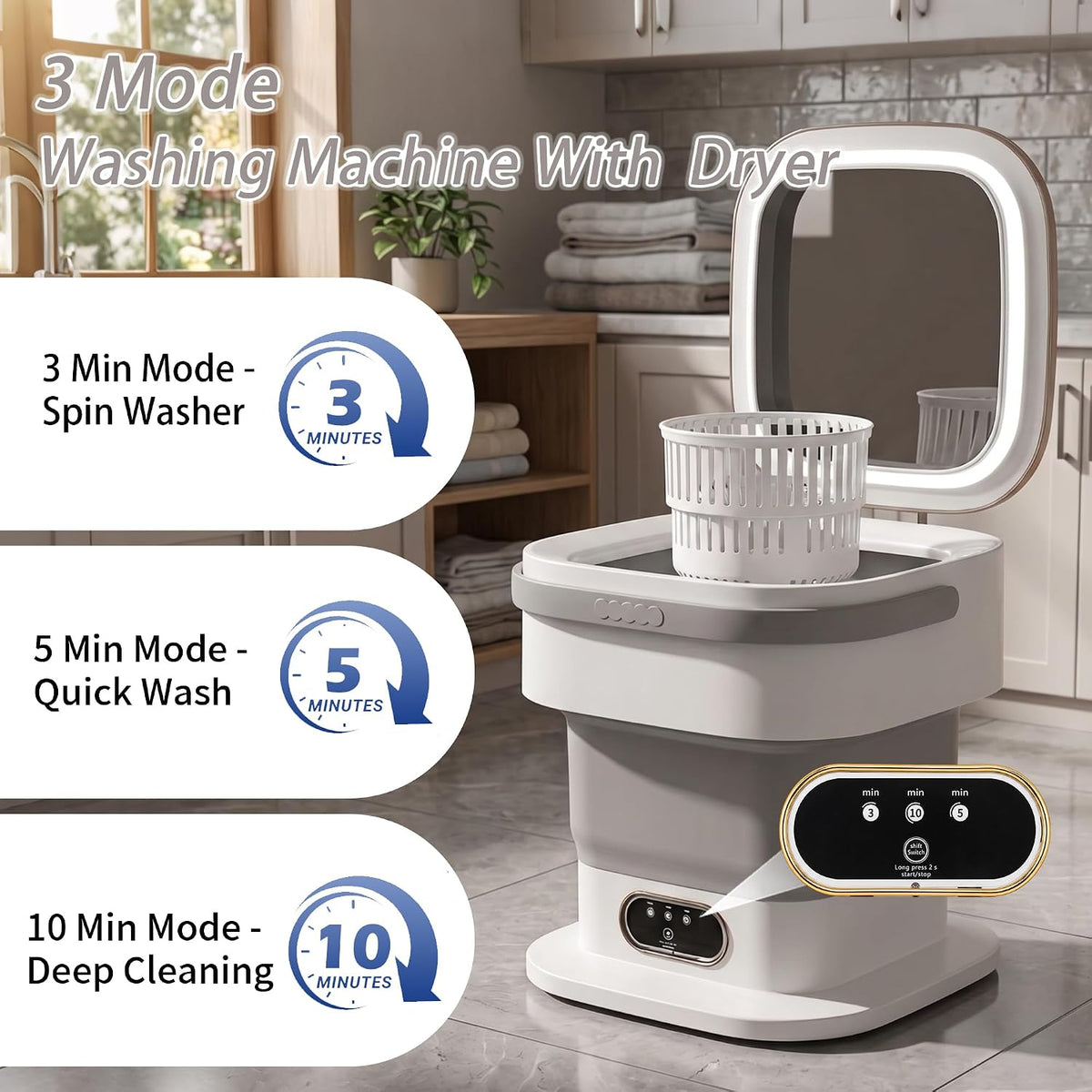 Vxoyo 15L Upgrade Portable Washing Machine with Spin Dryer, 3 Mode Foldable Mini Washing Machine & Deep Cleaning Small Washing Machine for Baby Clothes, Underwear, Camping, Dorm