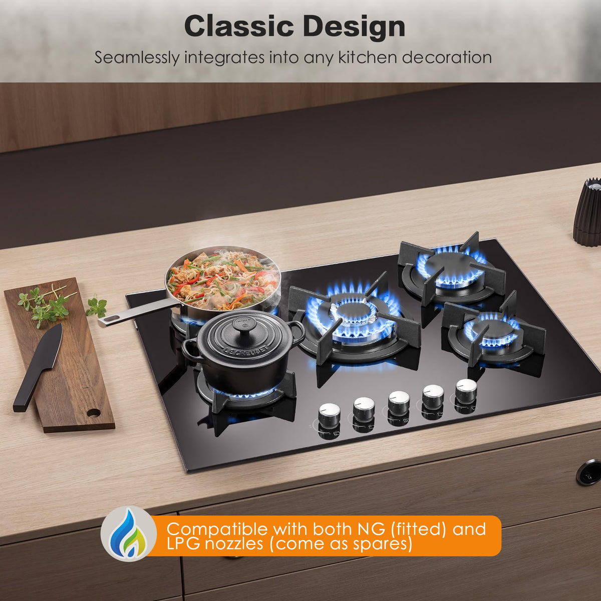 SNDOAS Gas Hob 4 Burners, NG/LPG Convertible, Built-in Black Glass Gas Hob with Wok Burner, Flame Failure Protection, 8000W, YYUKGCT-B04