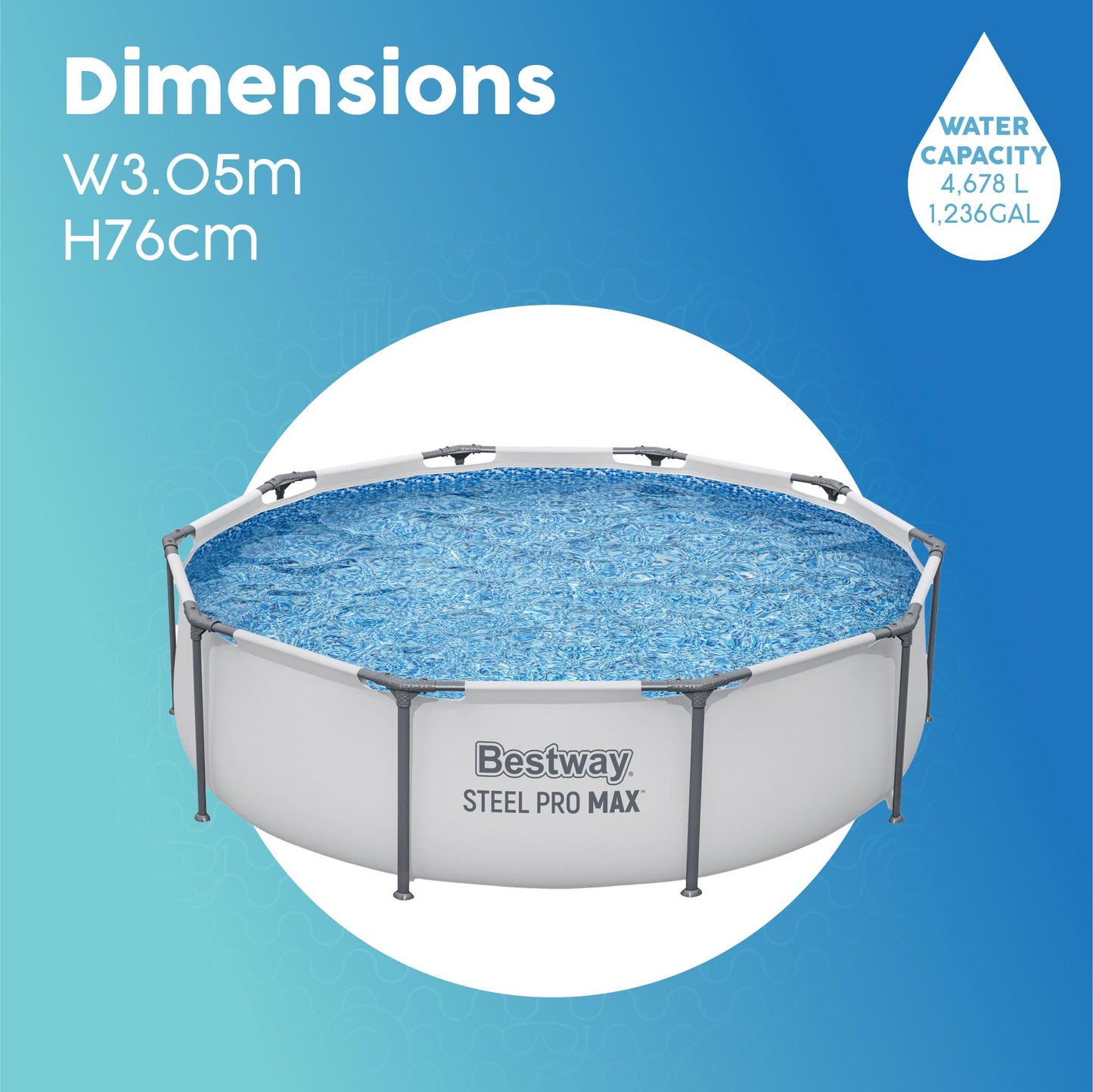 Bestway MAX Steel Pro Round Frame Swimming Pool with Filter Pump, Grey, 10 ft, Multicolour