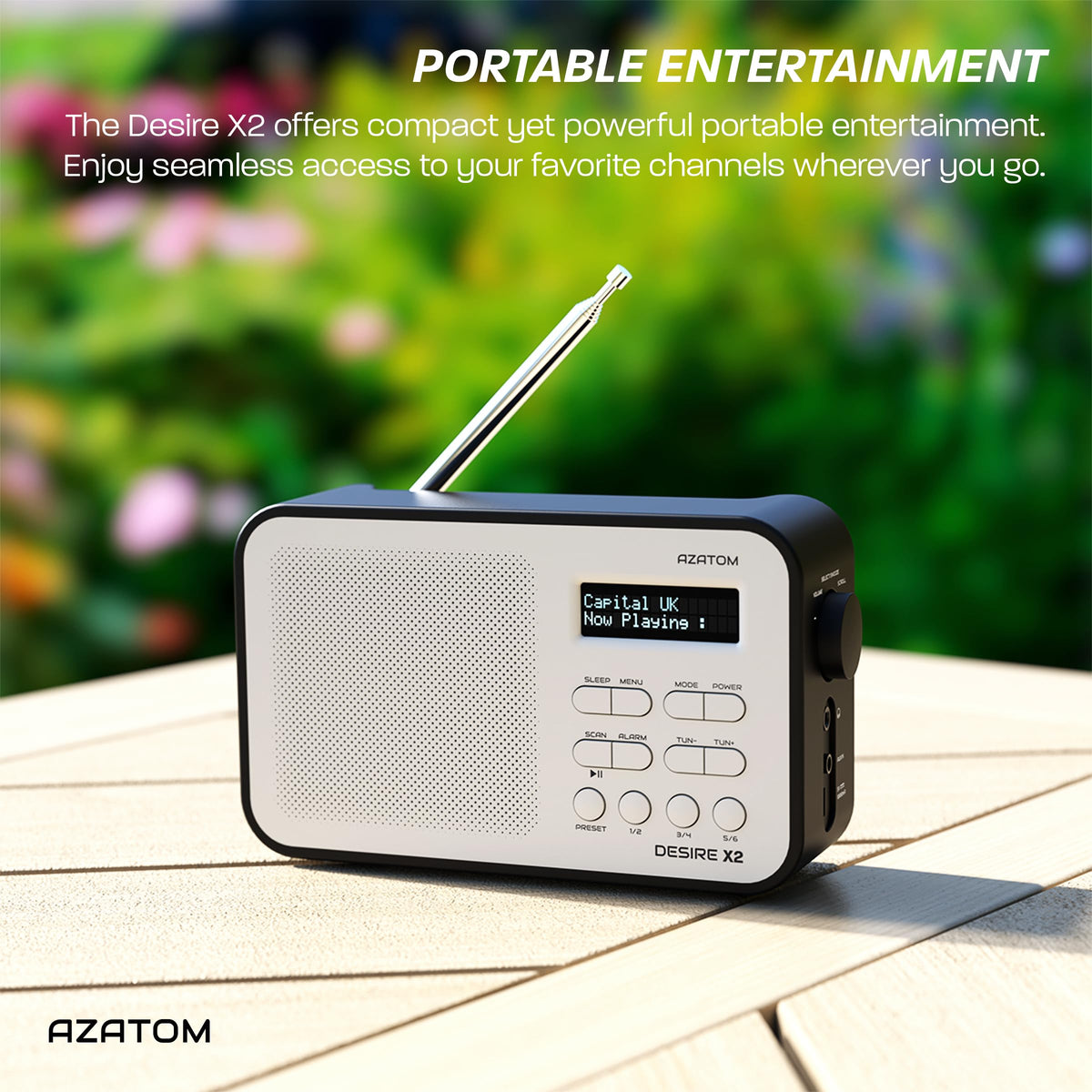 DAB/DAB+ & FM Portable Digital Radio | Simple Controls | Dual Alarms & Sleep Timer | Battery & Mains Powered (4x”AA”) | Bluetooth | Perfect for Home, Office or Outdoors | AZATOM Desire X2 (Black)
