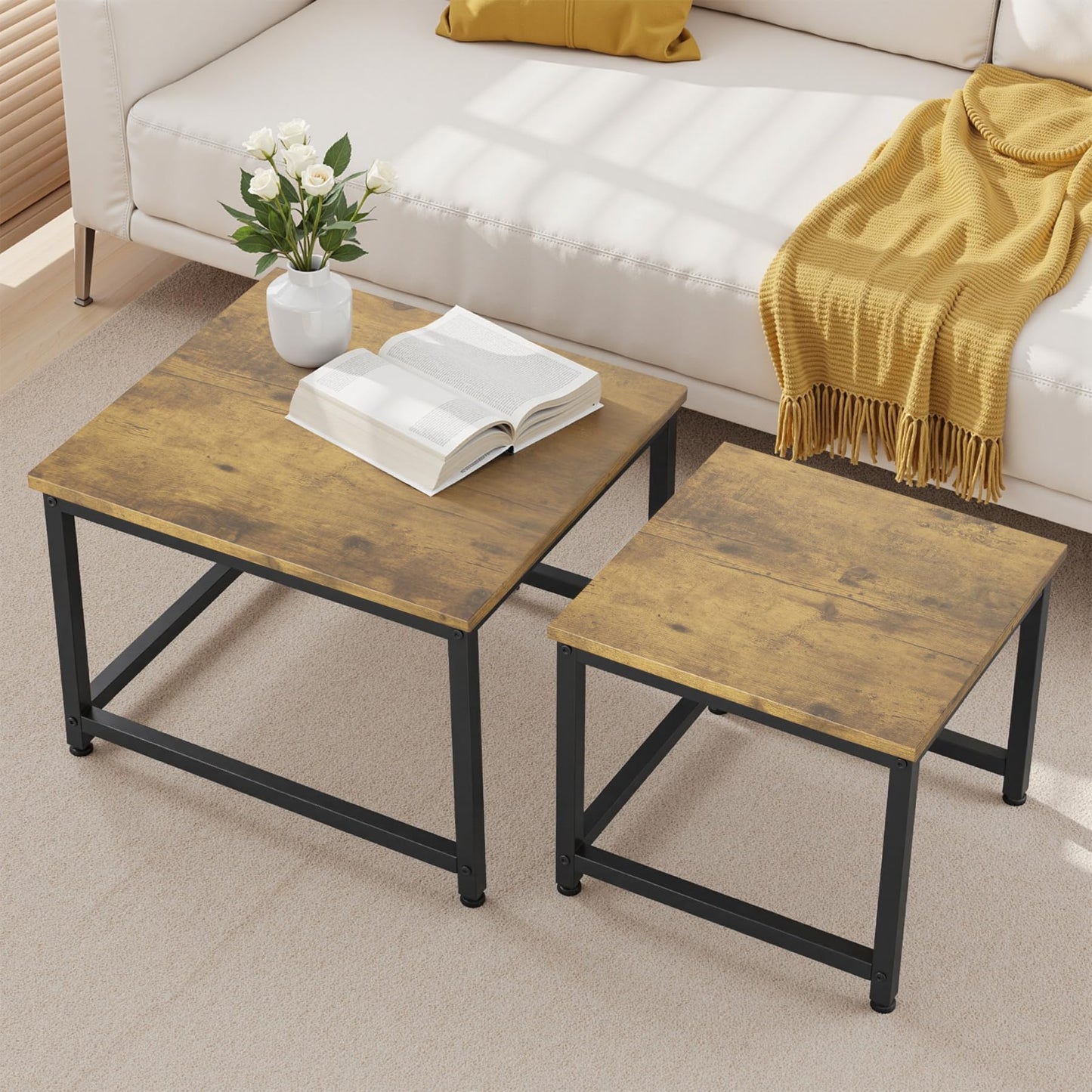Hawthyhome Coffee Tables, Round Nesting Tables Tet of 2, Modern Side Tables with Metal Frame, Industrial Stacking End Tables for Living Room Bedroom Office, 60 * 60 * 45cm, Brown