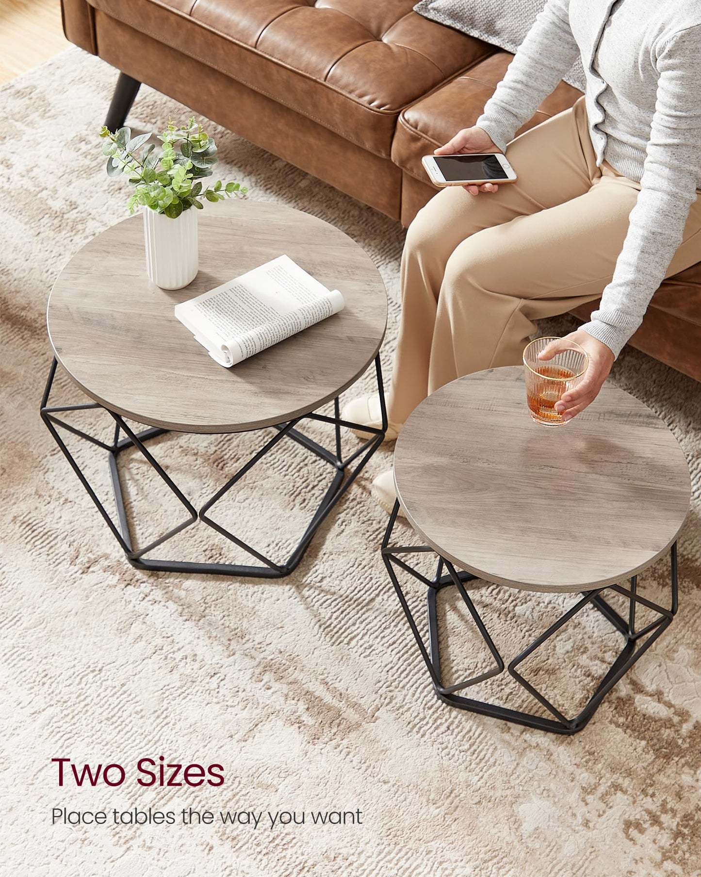 VASAGLE Coffee Tables, Set of 2 Side Tables, Robust Steel Frame, for Living Room, Bedroom, Rustic Brown and Black LET040B01