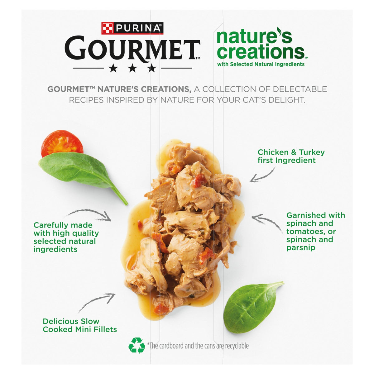 GOURMET Nature's creations (Rich in Chicken, garnished with spinach & tomatoes and Rich in Turkey, garnished with spinach and parsnip) Wet Cat Food Can 8x85g