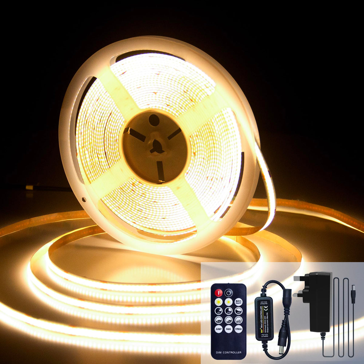 COB LED Strip 7.5m Warm White, 3000K, 24V, Remote Control, 8mm Wide