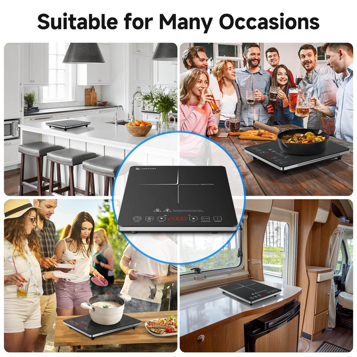 AMZCHEF Single Induction Cooker, Ultra-thin Induction Hob with Fashion Look, 20-level Power and Temperature Control, Black Frosted Glass Panel, Touch Sensor, 3-hour Timer, Safety Lock