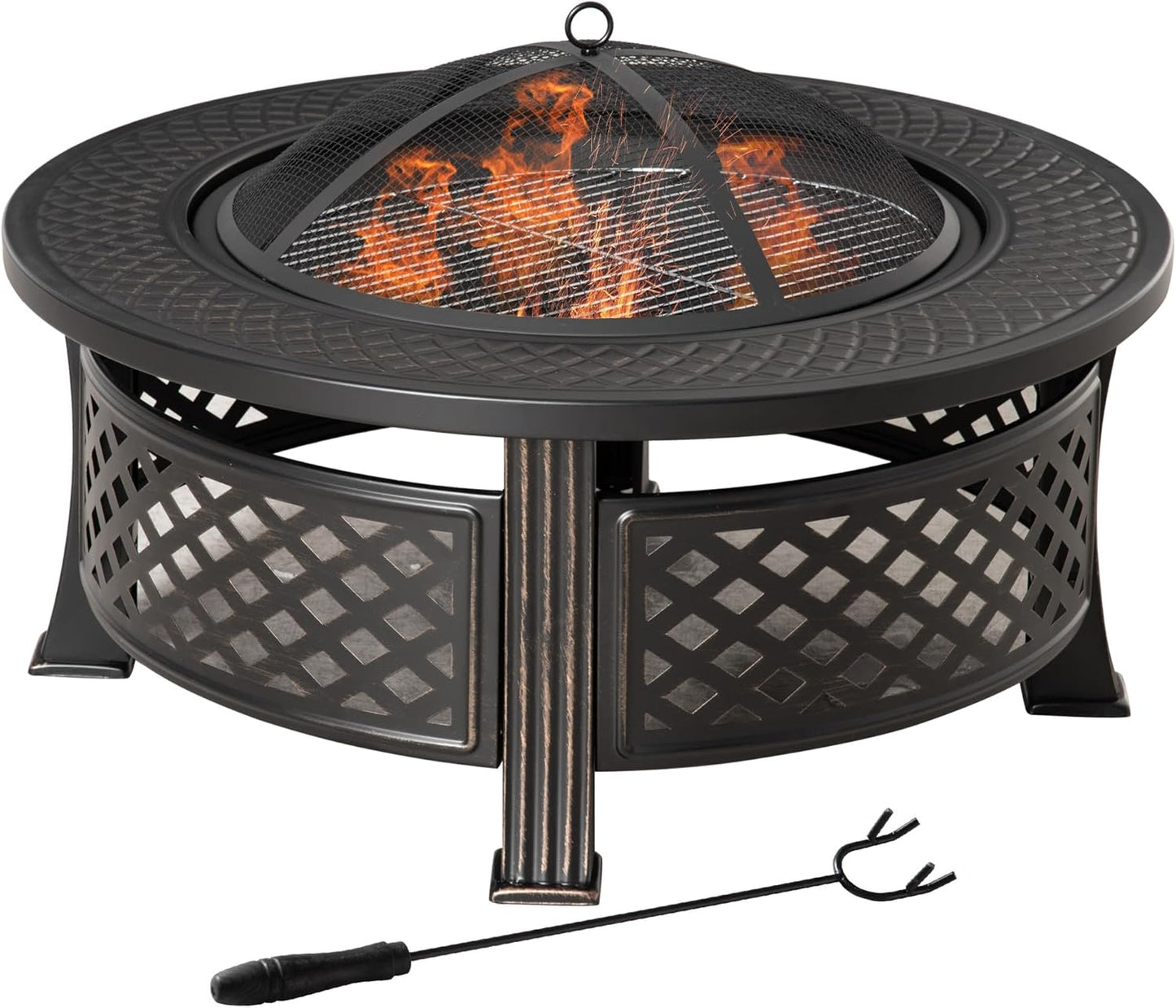 Outsunny 81 x 81 x 50 cm Outdoor Fire Pit, Round Firepit with Grill Net, Mesh Lid, Poker, for Garden, Camping, Bonfire, Picnic, Bronze Tone