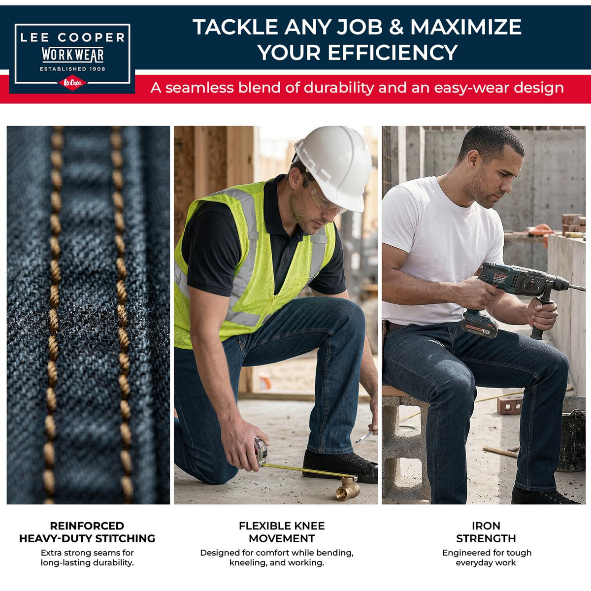 Lee Cooper Men's Jeans Classic Regular Fit with 5 Pockets Design Zip Fly & Belt Loop Heavy Duty Denim Wash Stretch Plain Casual Workwear Durable Utility Straight Leg Work Pants (Black/Navy)