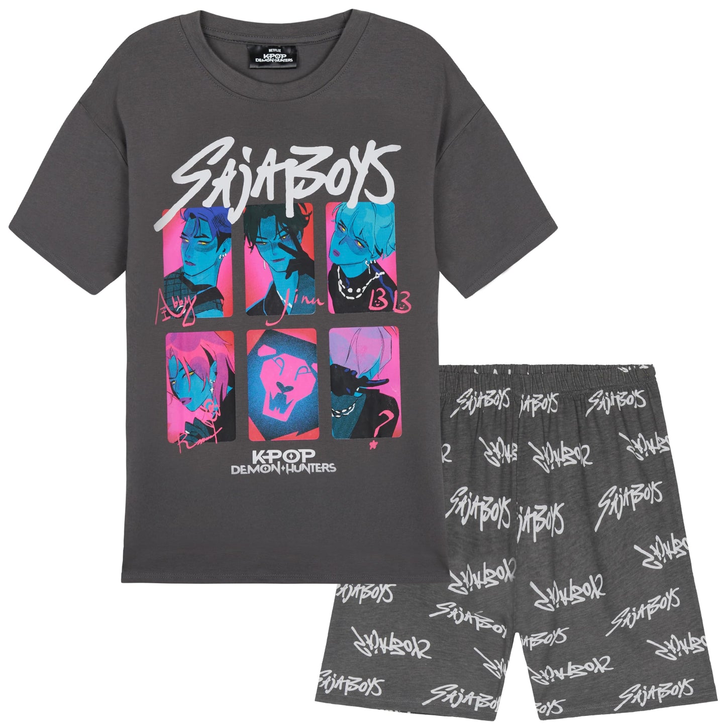 KPop Demon Hunters Official Girls Pyjama Set 5-14 Yrs, 2 Pcs Pjs Shorts & T-shirt, Huntrix Saja Boys Derpy Tiger Merch Gifts